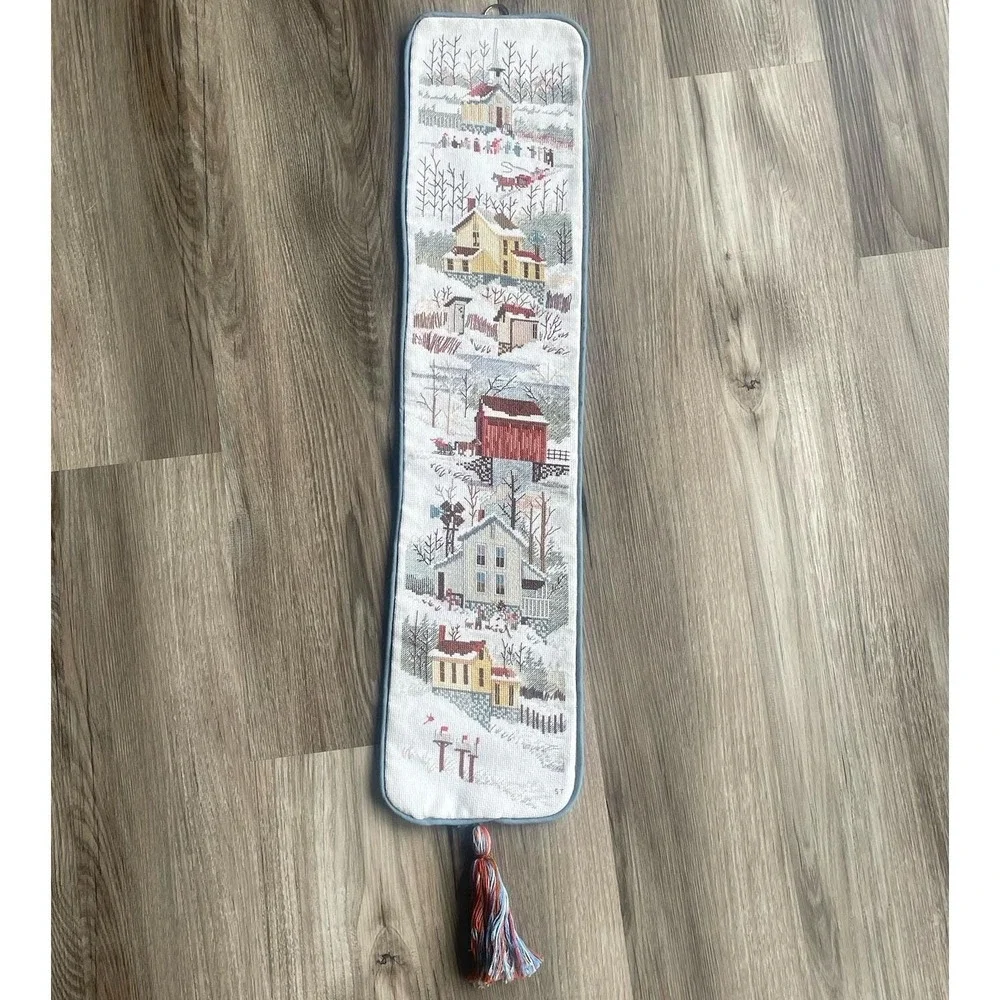 Vintage Needlepoint Hanging Winter Christmas Village Long‎ Wall Decor Tassle